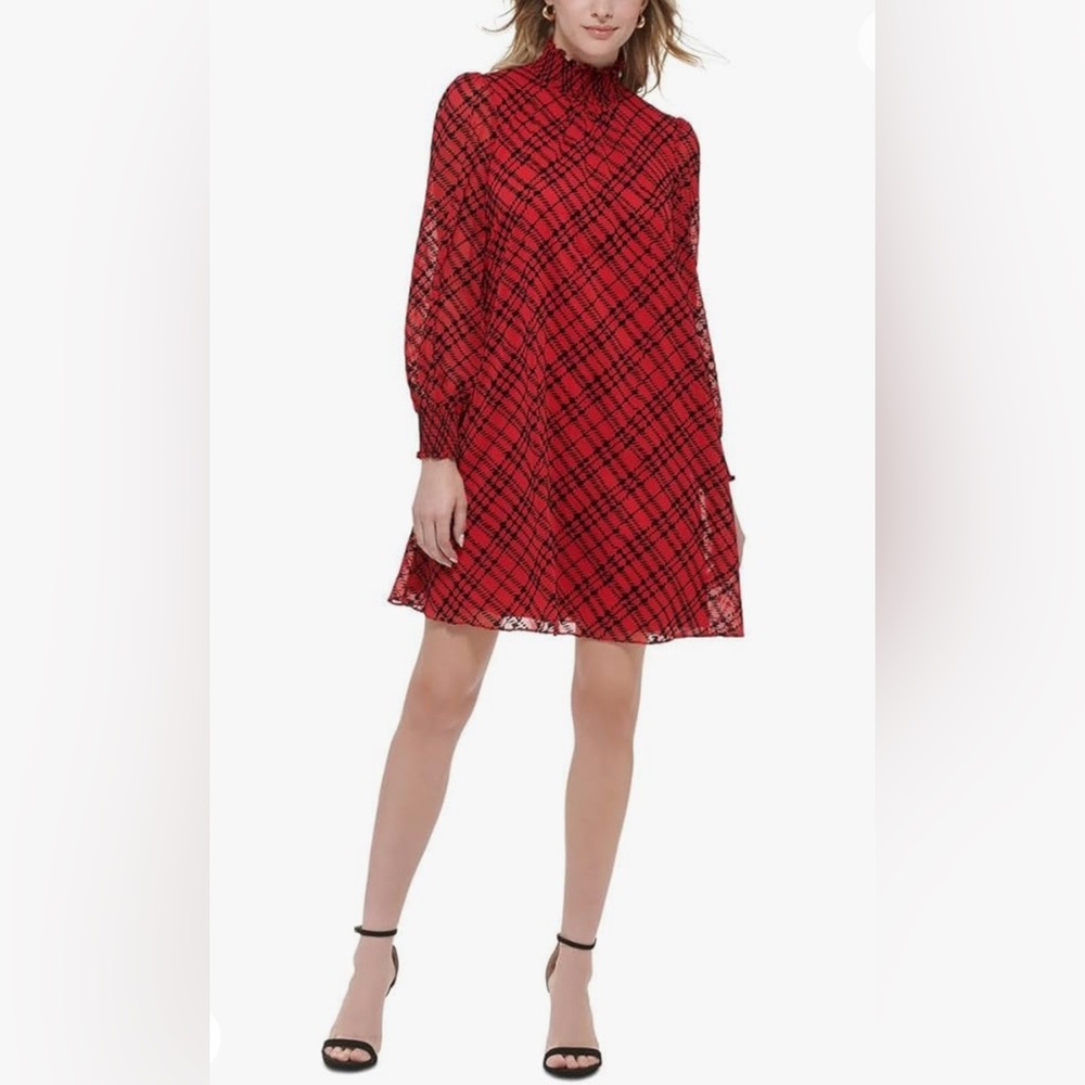 Tommy Hilfiger Women’s Red/Black Plaid Long Sleeve Chiffon Dress Size 8